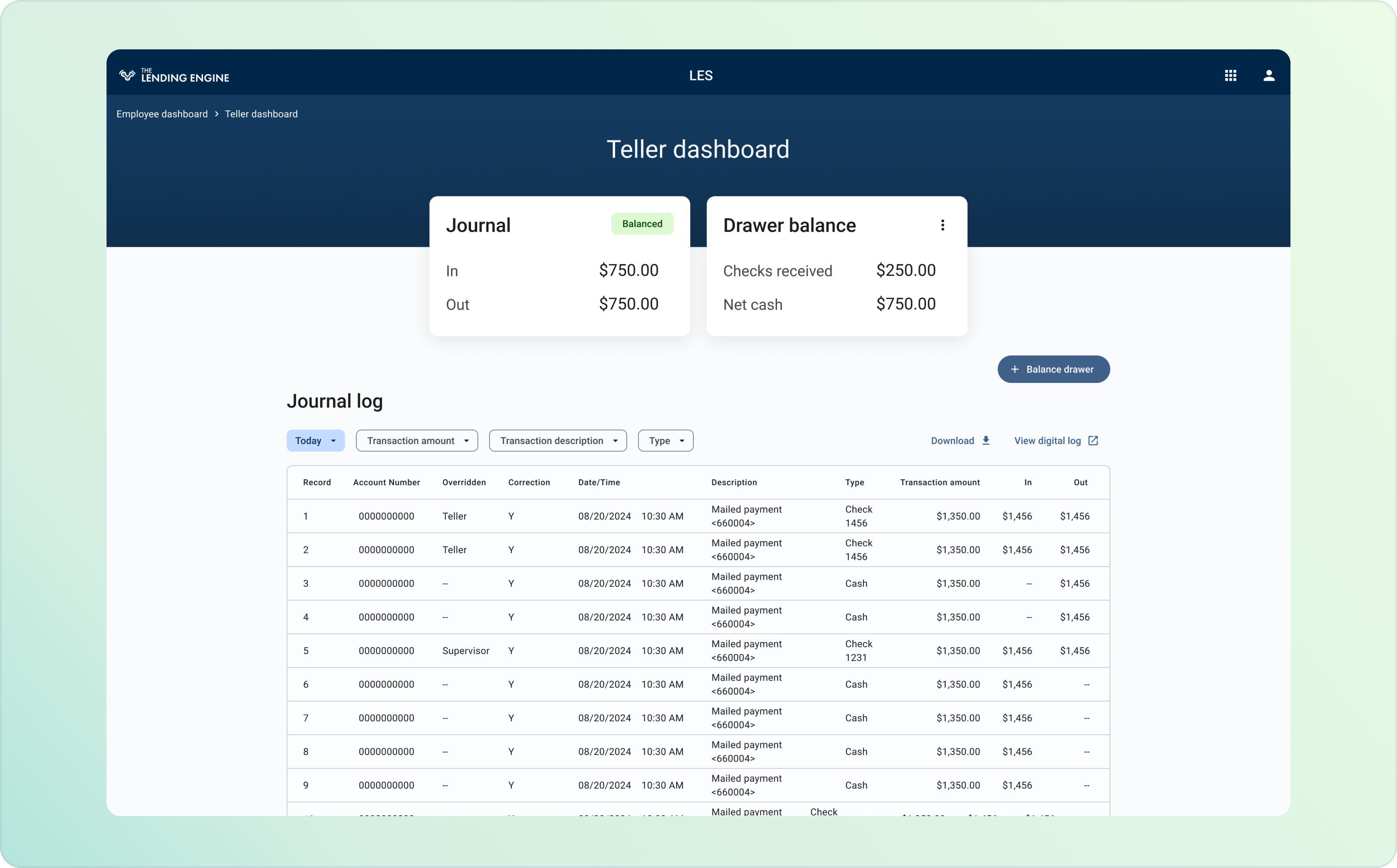Final teller dashboard mockup